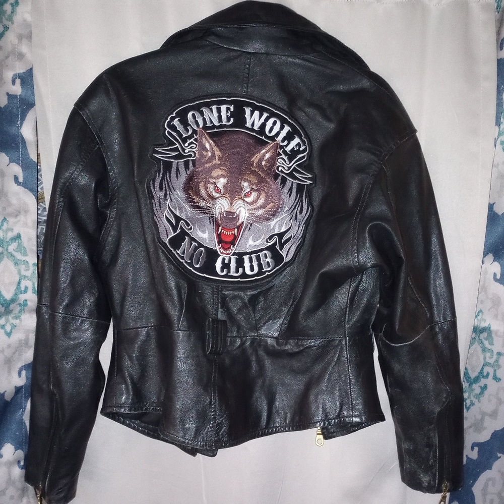 Genuine leather motorcycle jacket lone wolf no club unisex S